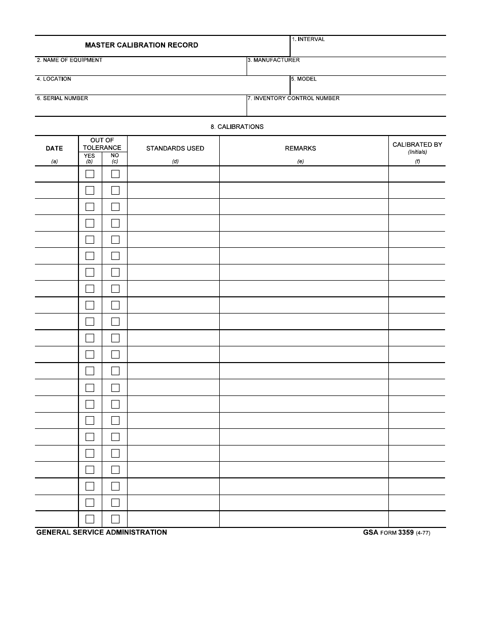GSA Form 3359 Master Calibration Record, Page 1