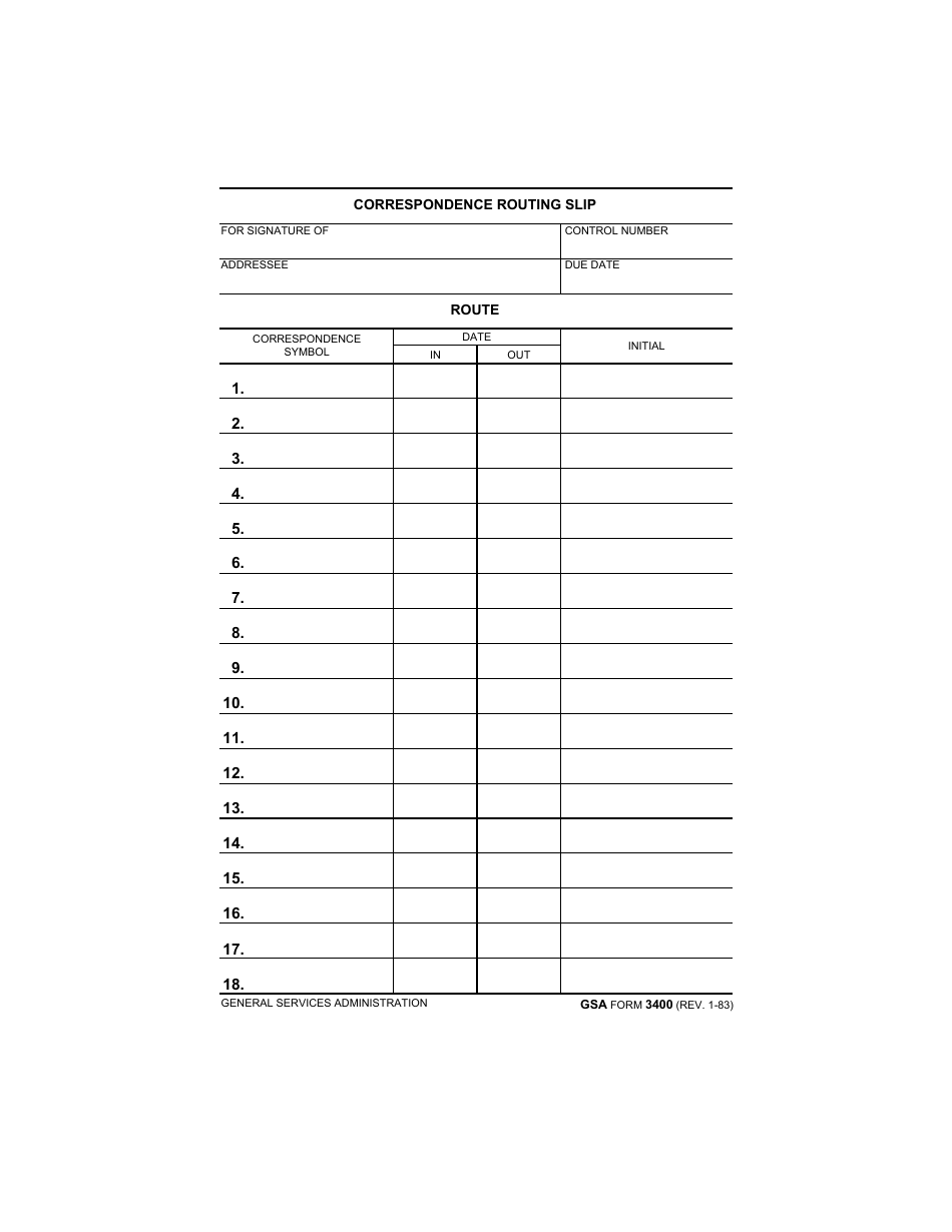 GSA Form 3400 Correspondence Routing Slip, Page 1
