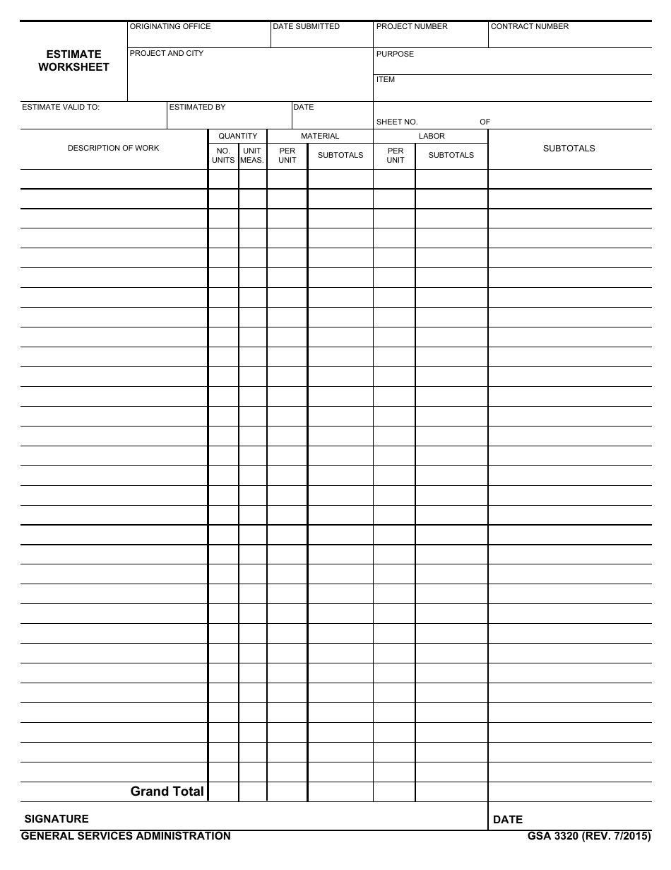 GSA Form 3320 Estimate Worksheet, Page 1