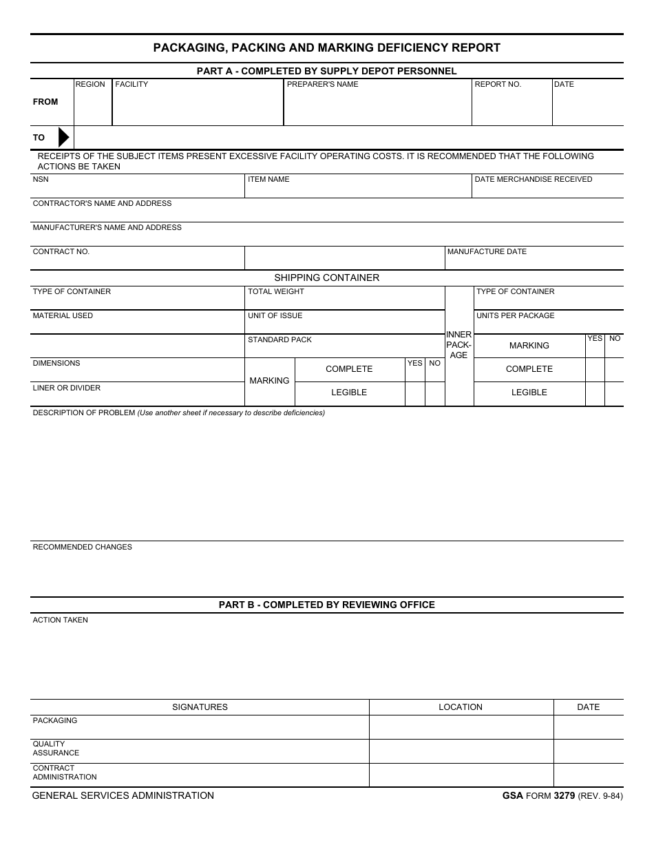 GSA Form 24 Download Fillable PDF or Fill Online Packaging With Construction Deficiency Report Template