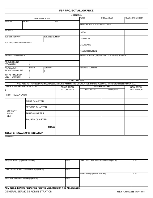 GSA Form 3285 Fbf Project Allowance