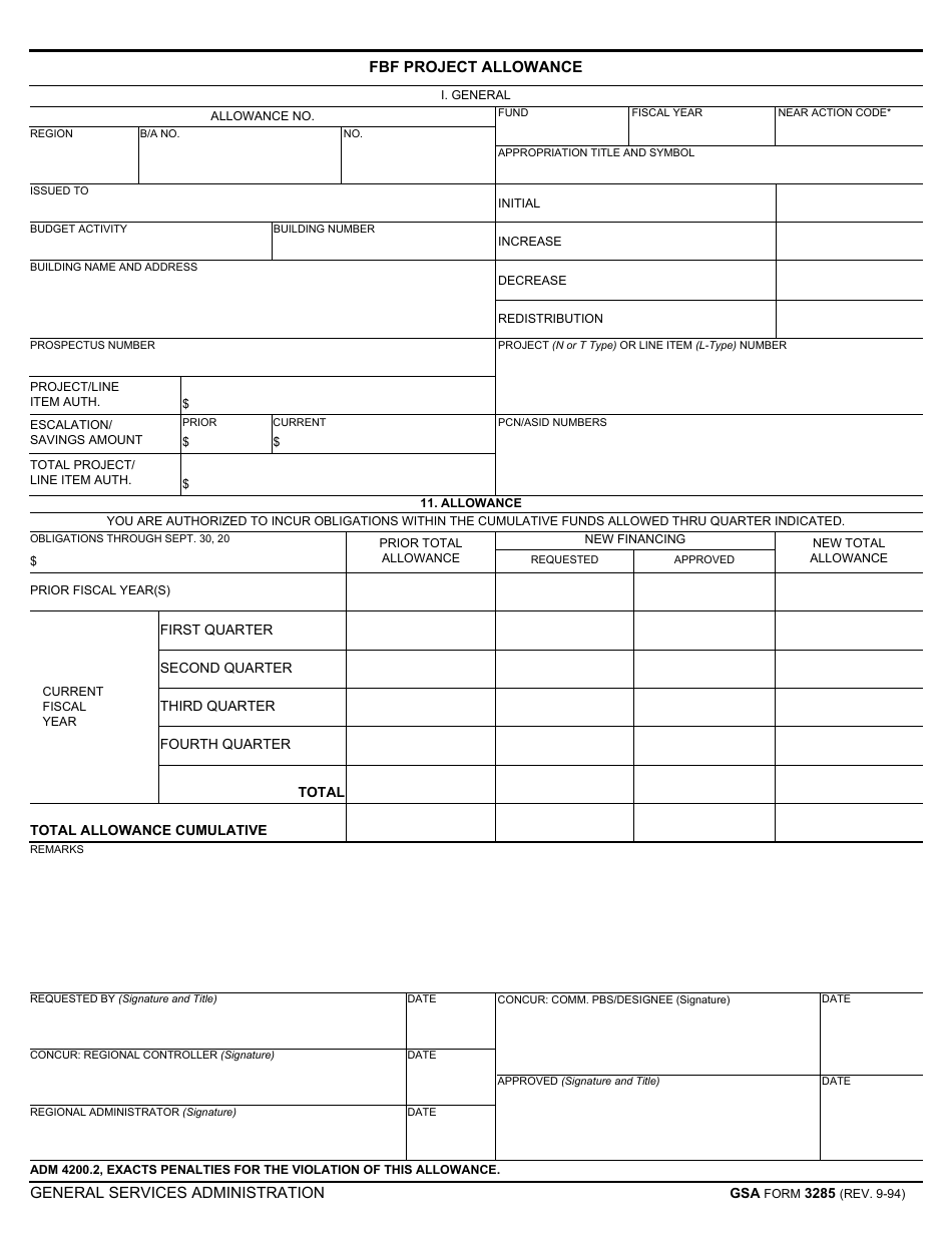 GSA Form 3285 Fbf Project Allowance, Page 1