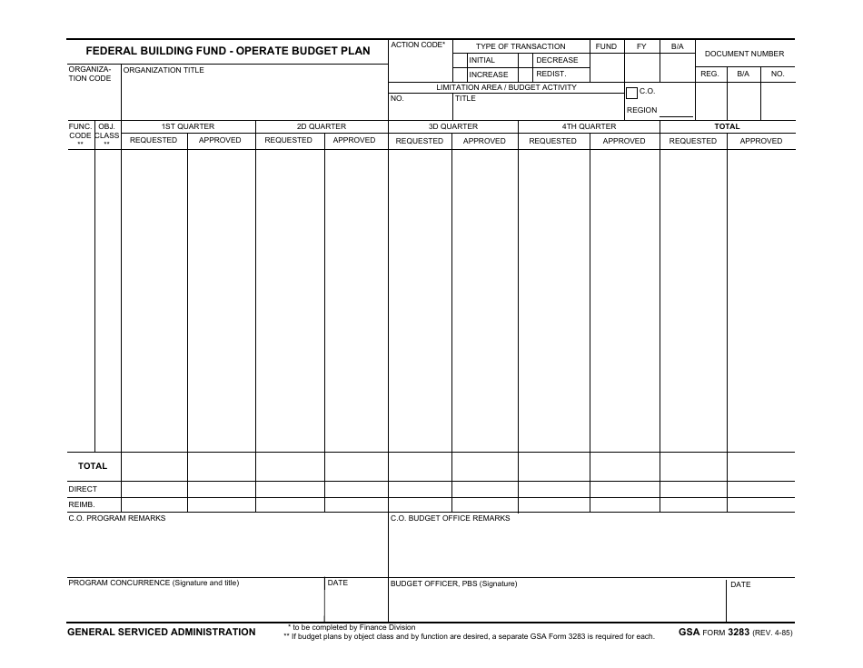 GSA Form 3283 Federal Building Fund - Operate Budget Plan, Page 1