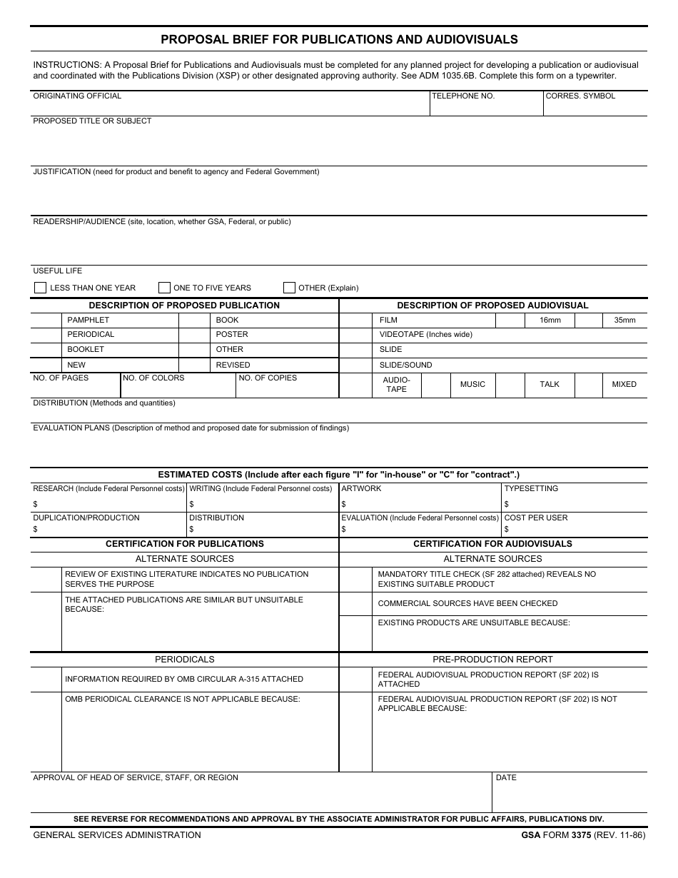 GSA Form 3375 Proposal Brief for Publications and Audiovisuals, Page 1