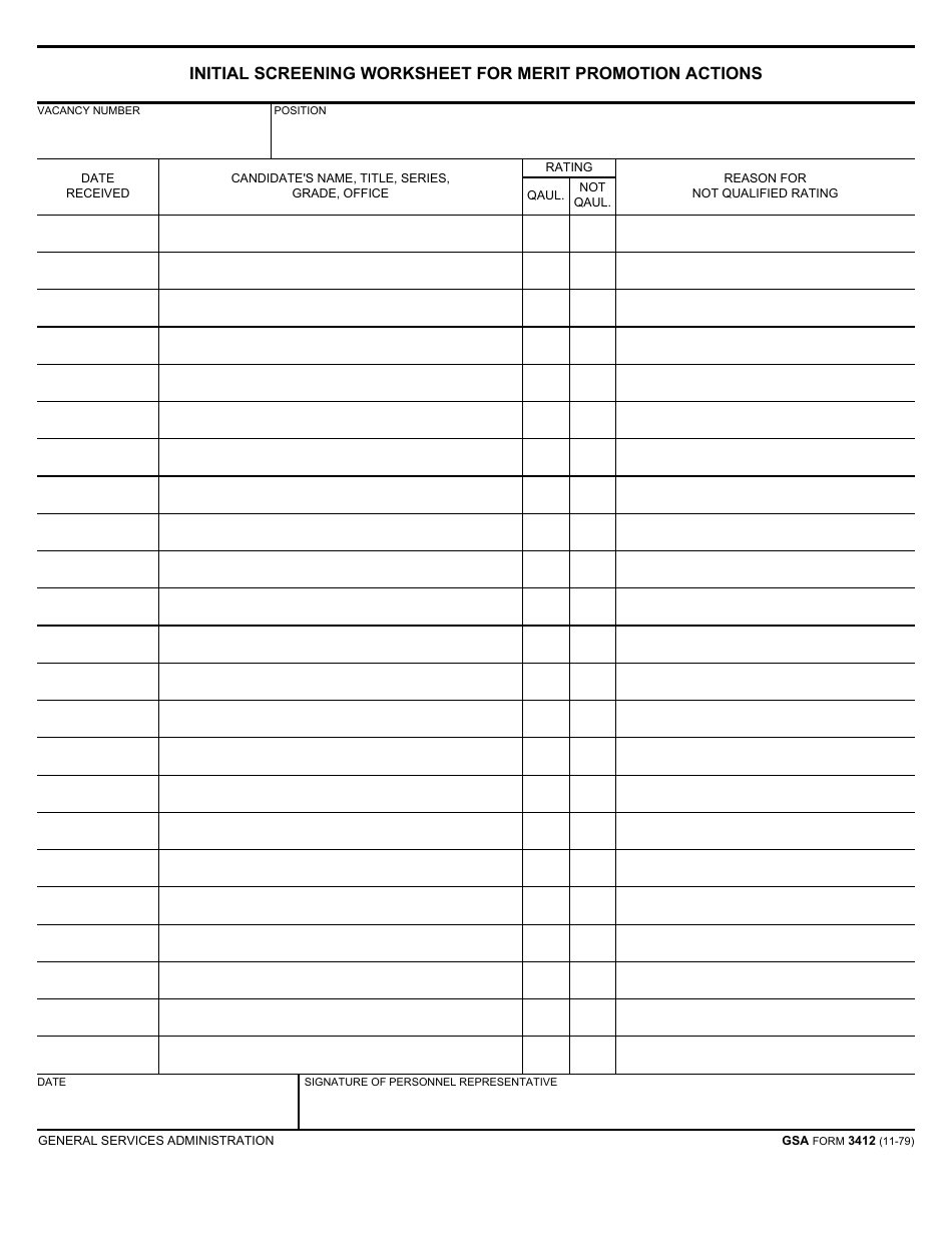 GSA Form 3412 Initial Screening Worksheet for Merit Promotion Actions, Page 1