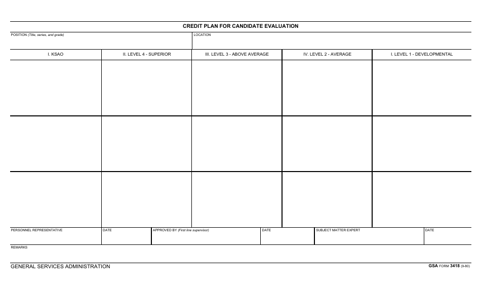 GSA Form 3418 Credit Plan for Candidate Evaluation, Page 1