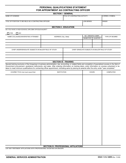 GSA Form 3409 Personal Qualifications Statement for Appointment as Contracting Officer