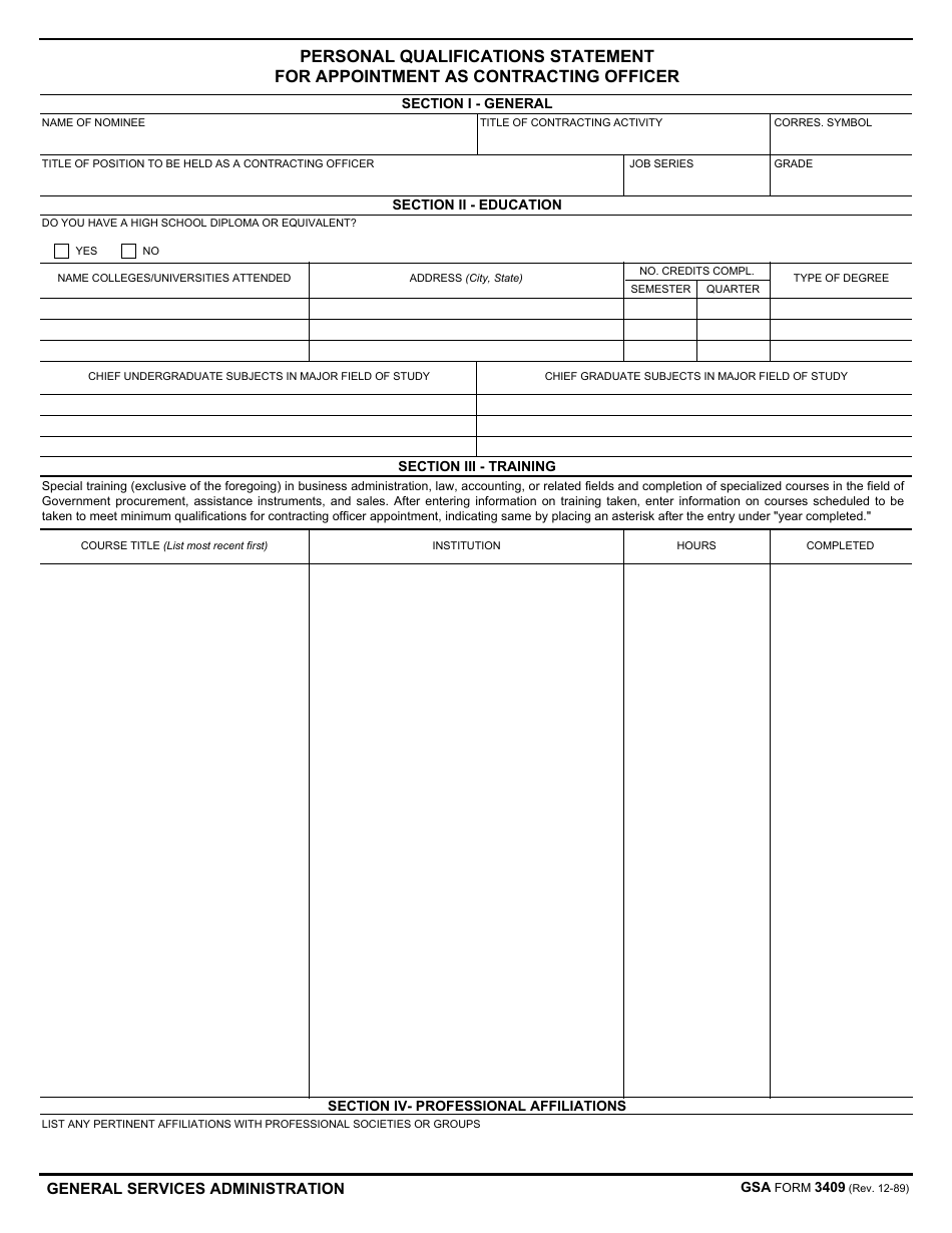 GSA Form 3409 Personal Qualifications Statement for Appointment as Contracting Officer, Page 1