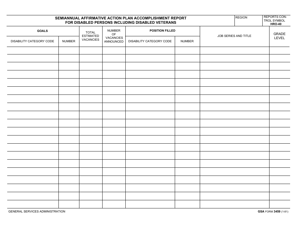 GSA Form 3459 Semiannual Affirmative Action Plan Accomplishment Report for Disabled Persons Including Disabled Veterans, Page 1