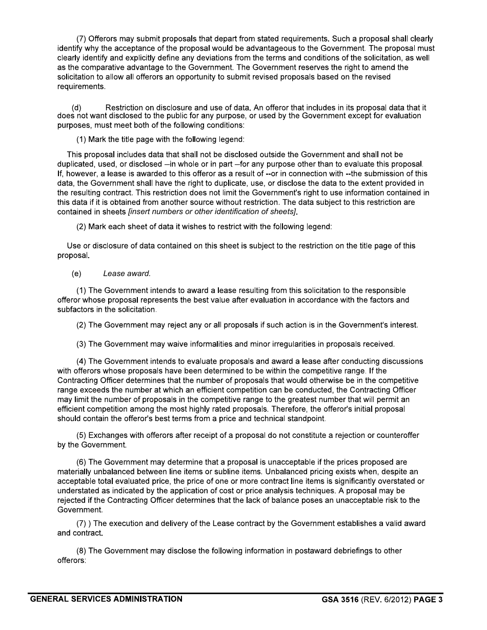 GSA Form 3516 Solicitation Provisions (Acquisition of Leasehold Interests in Real Property), Page 3