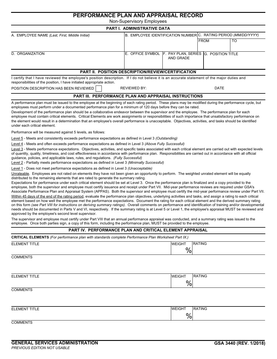GSA Form 3440 Performance Plan and Appraisal Record - Non-supervisory Employees, Page 1