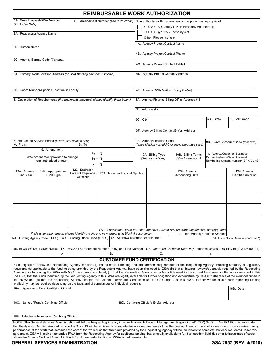 GSA Form 2957 Reimbursable Work Authorization, Page 1