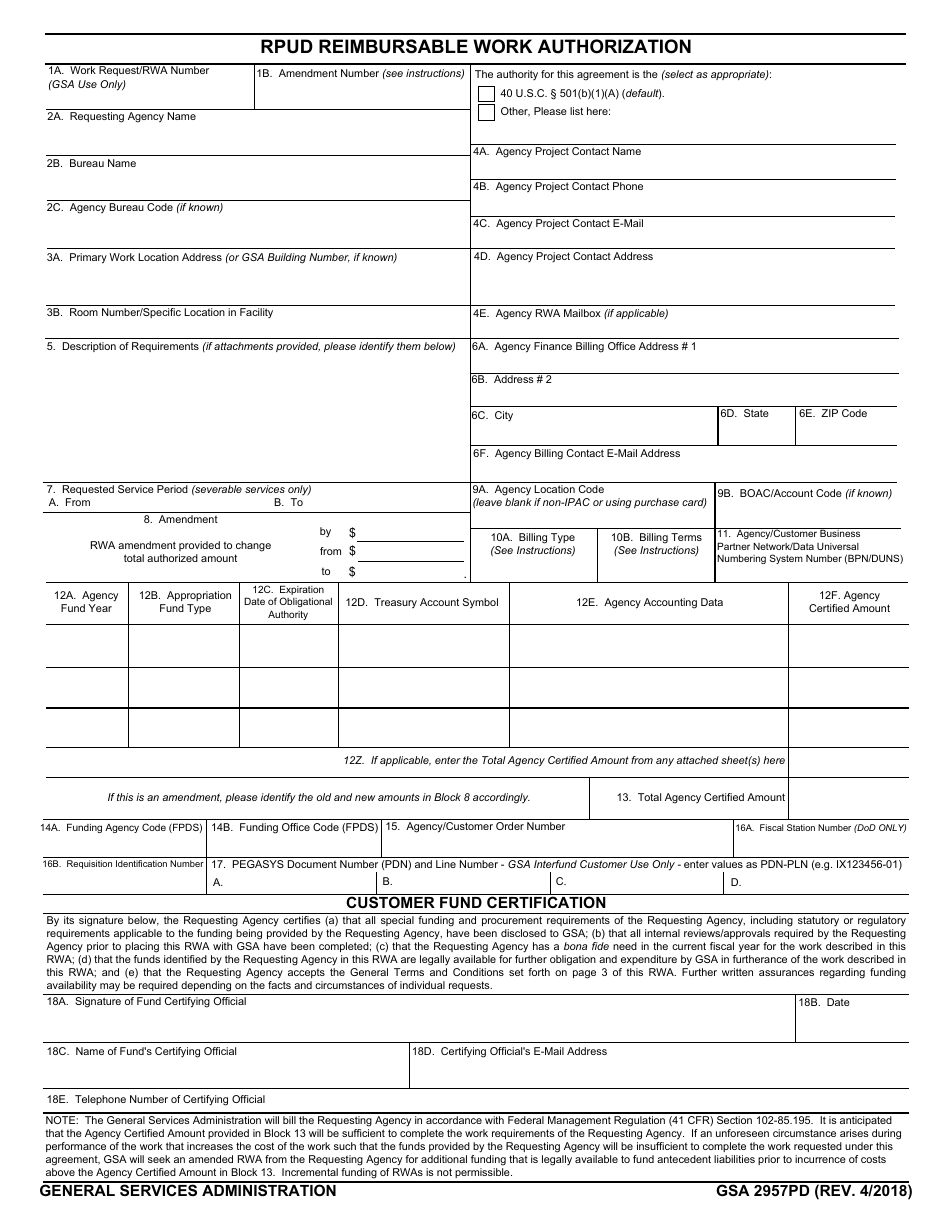 GSA Form 2957PD Rpud Reimbursable Work Authorization, Page 1