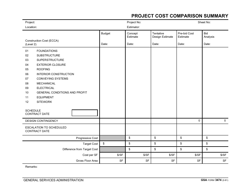 GSA Form 3474 Project Cost Comparison Summary