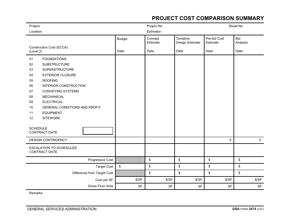 GSA Form 3474 Project Cost Comparison Summary, Page 1