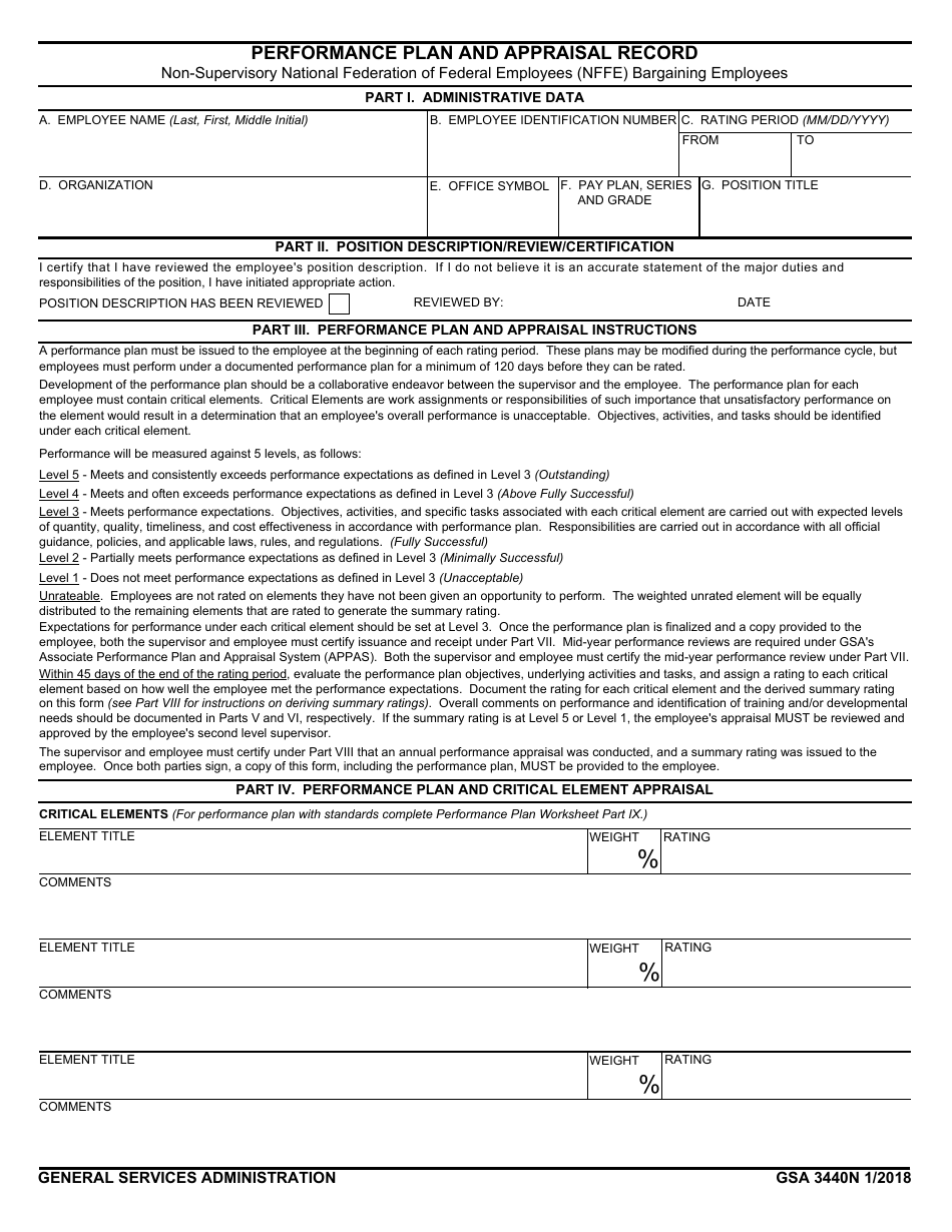 GSA Form 3440N Performance Plan and Appraisal Record - Non-supervisory Nffe Bargaining Employees, Page 1