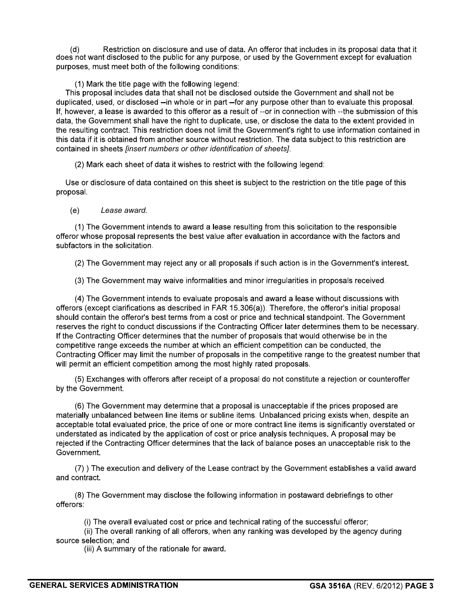 GSA Form 3516A Solicitation Provisions (For Simplified Acquisition of Leasehold Interests in Real Property), Page 3