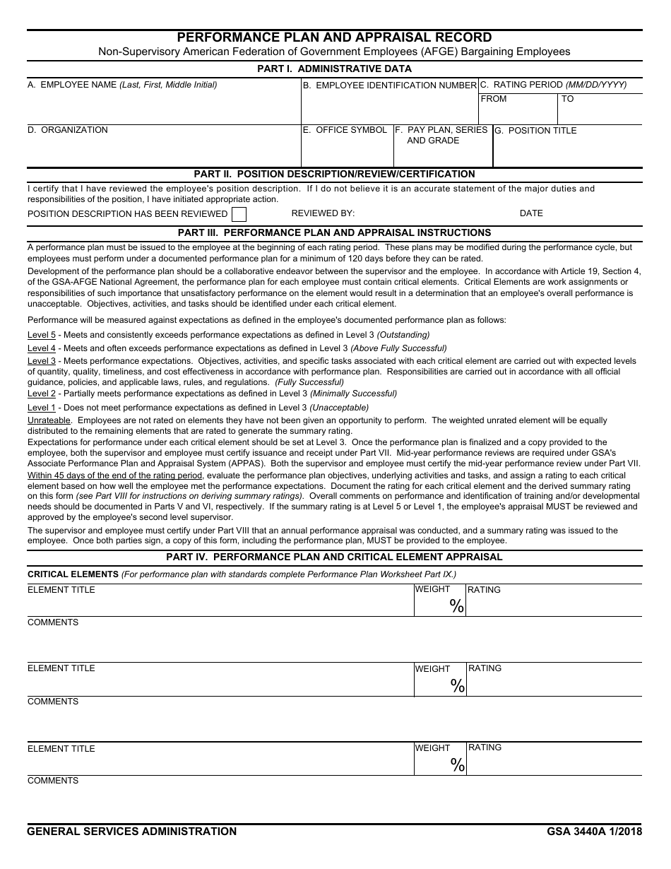 GSA Form 3440A Performance Plan and Appraisal Record - Non-supervisory Afge Bargaining Employees, Page 1
