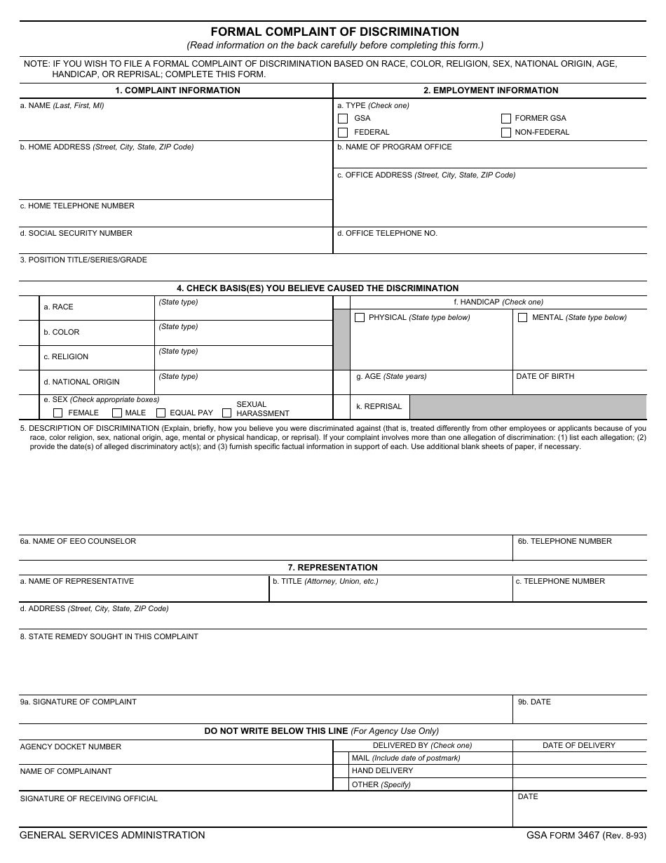 GSA Form 3467 Formal Complaint of Discrimination, Page 1