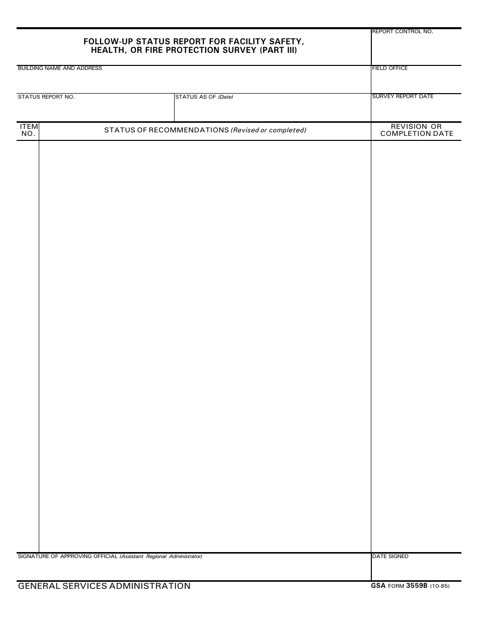 GSA Form 3559B Follow-Up Status Report for Facility Safety, Health, or Fire Protection Survey (Part Iii), Page 1