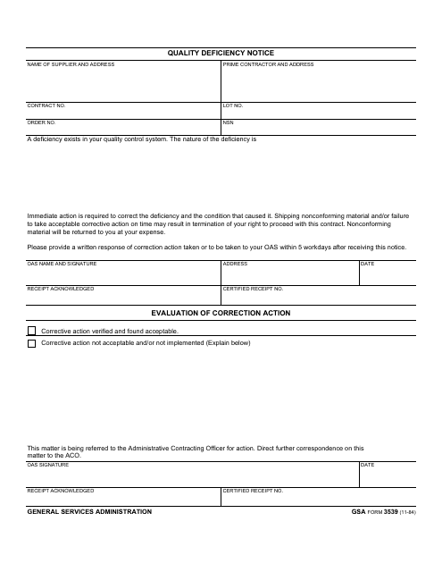 GSA Form 3539 Quality Deficiency Notice