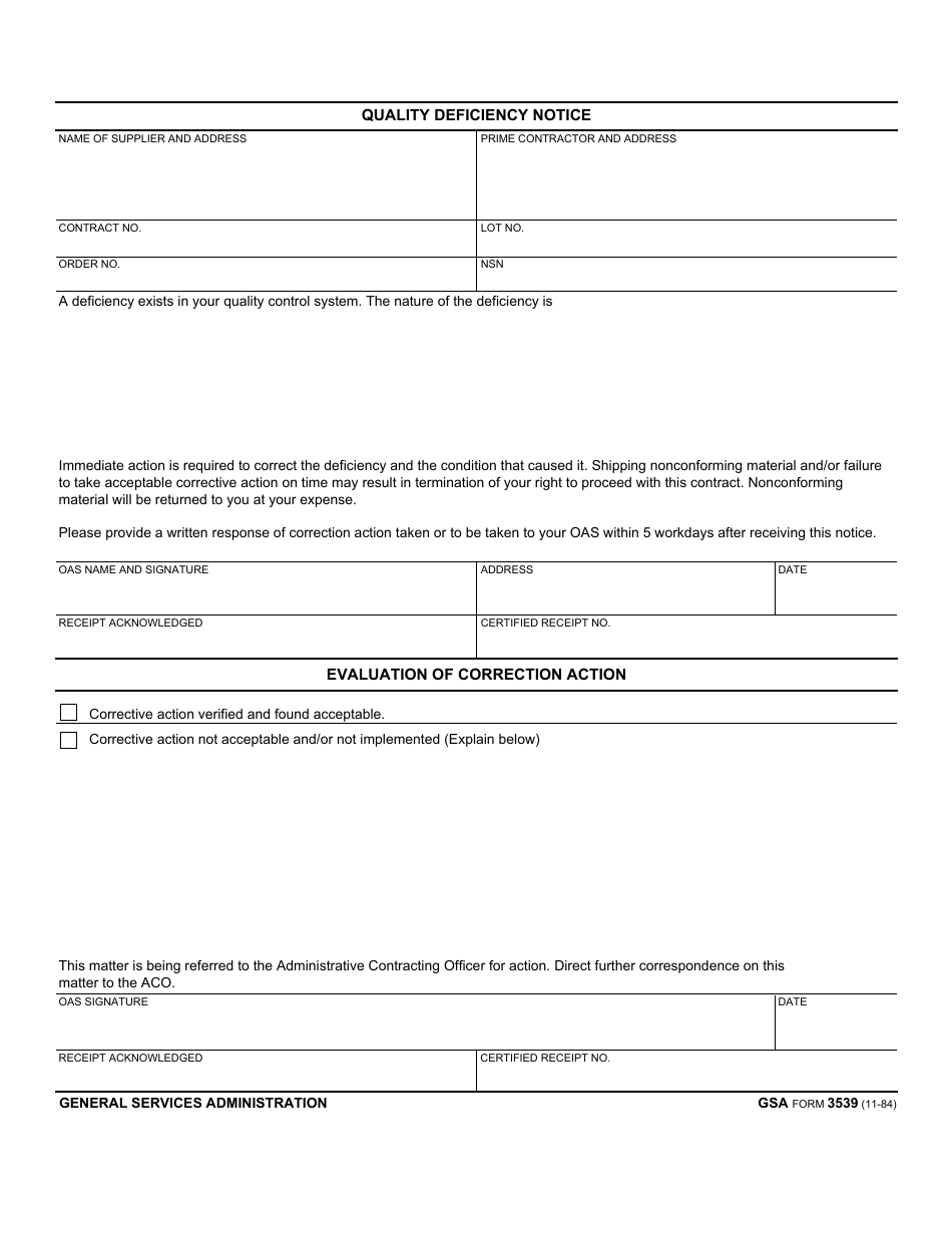 GSA Form 3539 Quality Deficiency Notice, Page 1