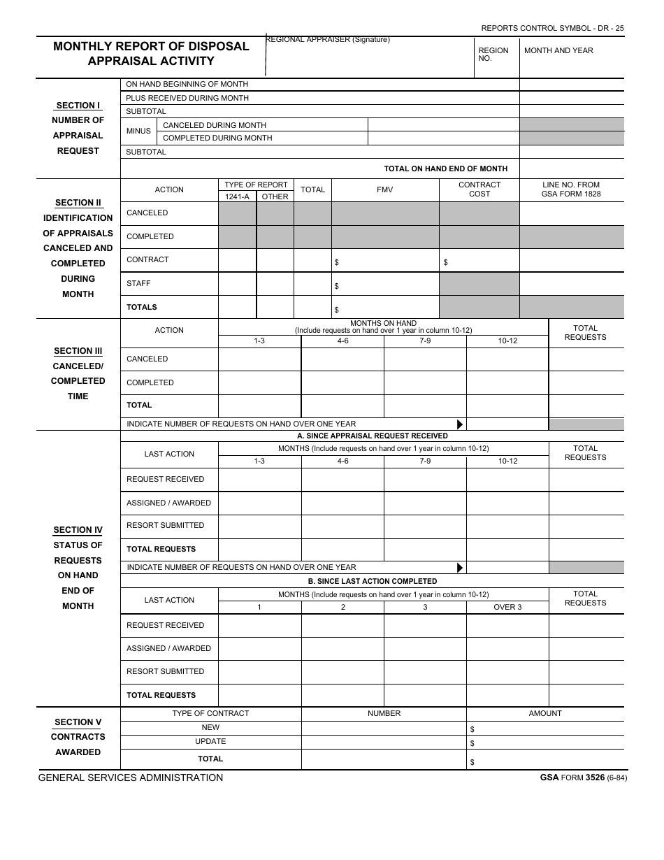 GSA Form 3526 Monthly Report of Disposal Appraisal Activity, Page 1