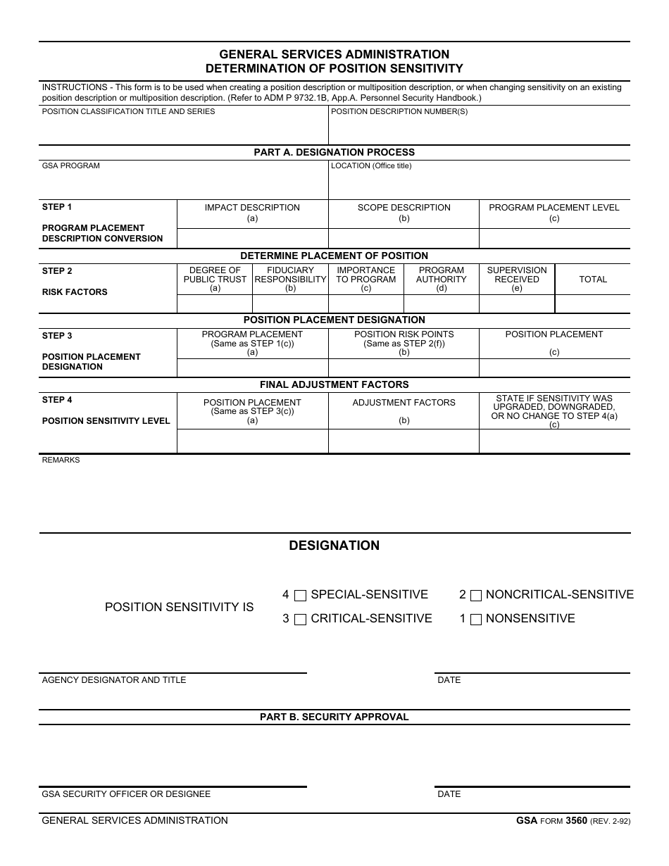 GSA Form 3560 Determination of Position Sensitivity, Page 1