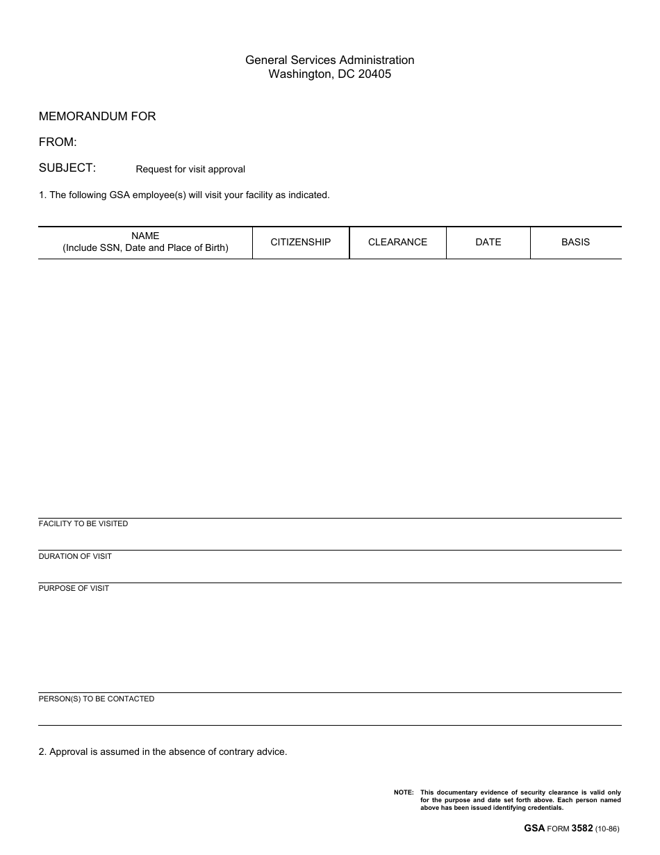 GSA Form 3582 Request for Visit Approval, Page 1