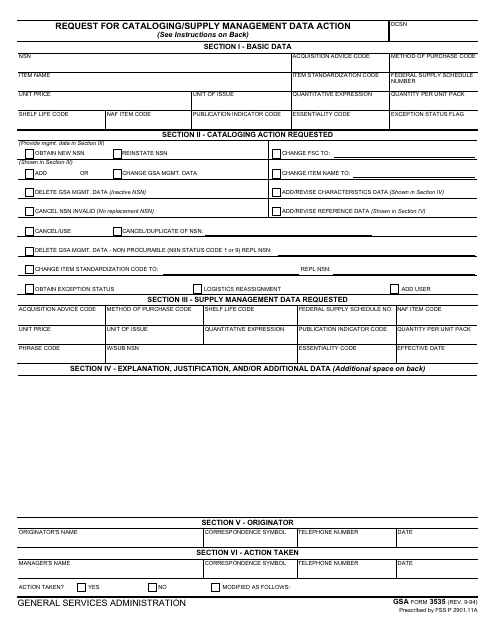 GSA Form 3535 Request for Cataloging/Supply Management Data Action