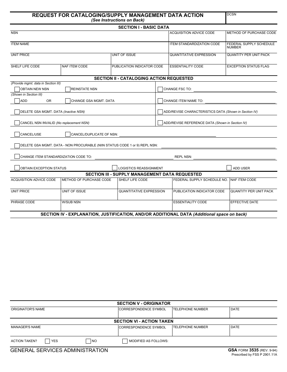 GSA Form 3535 Request for Cataloging / Supply Management Data Action, Page 1