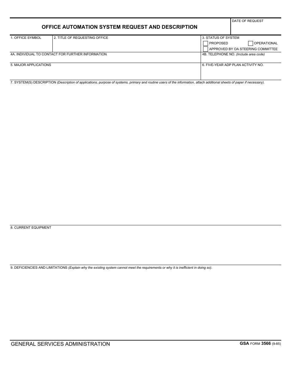 GSA Form 3566 Office Automation System Request and Description, Page 1