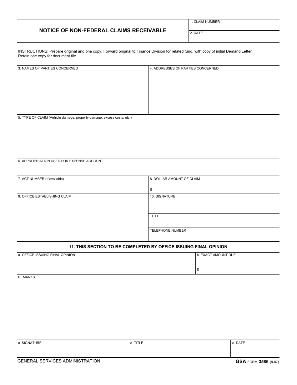 GSA Form 3586 Notice of Non-federal Claims Receivable, Page 1