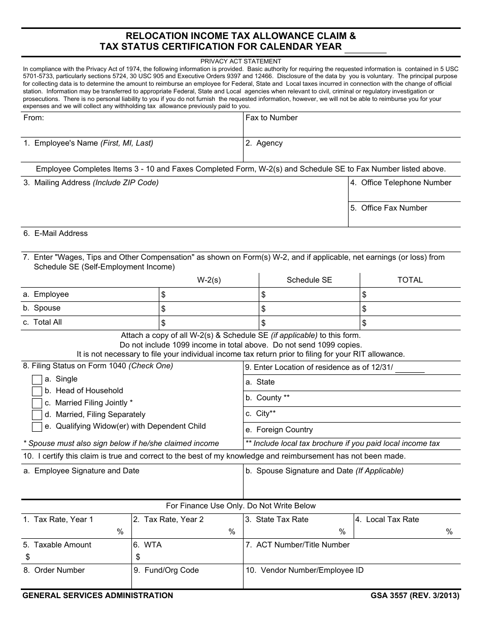 GSA Form 3557 Relocation Income Tax Allowance Claim  Tax Status Certification, Page 1