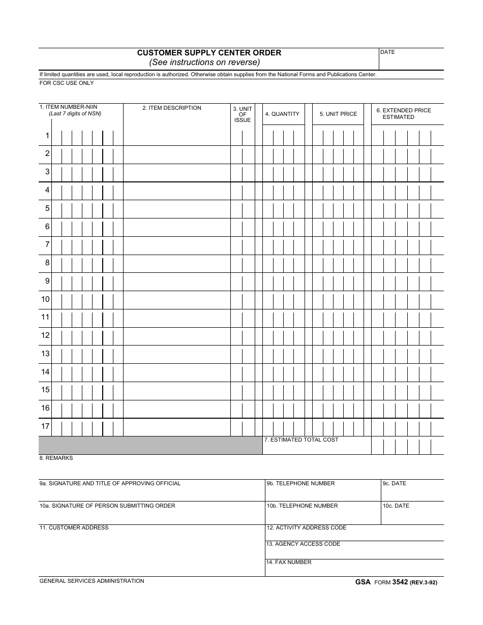 GSA Form 3542 Customer Supply Center Order, Page 1