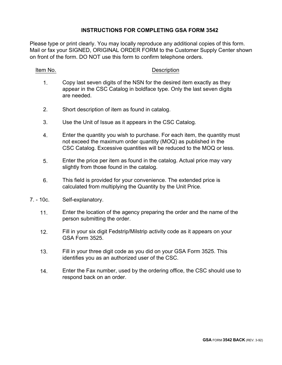 GSA Form 3542 Customer Supply Center Order, Page 2