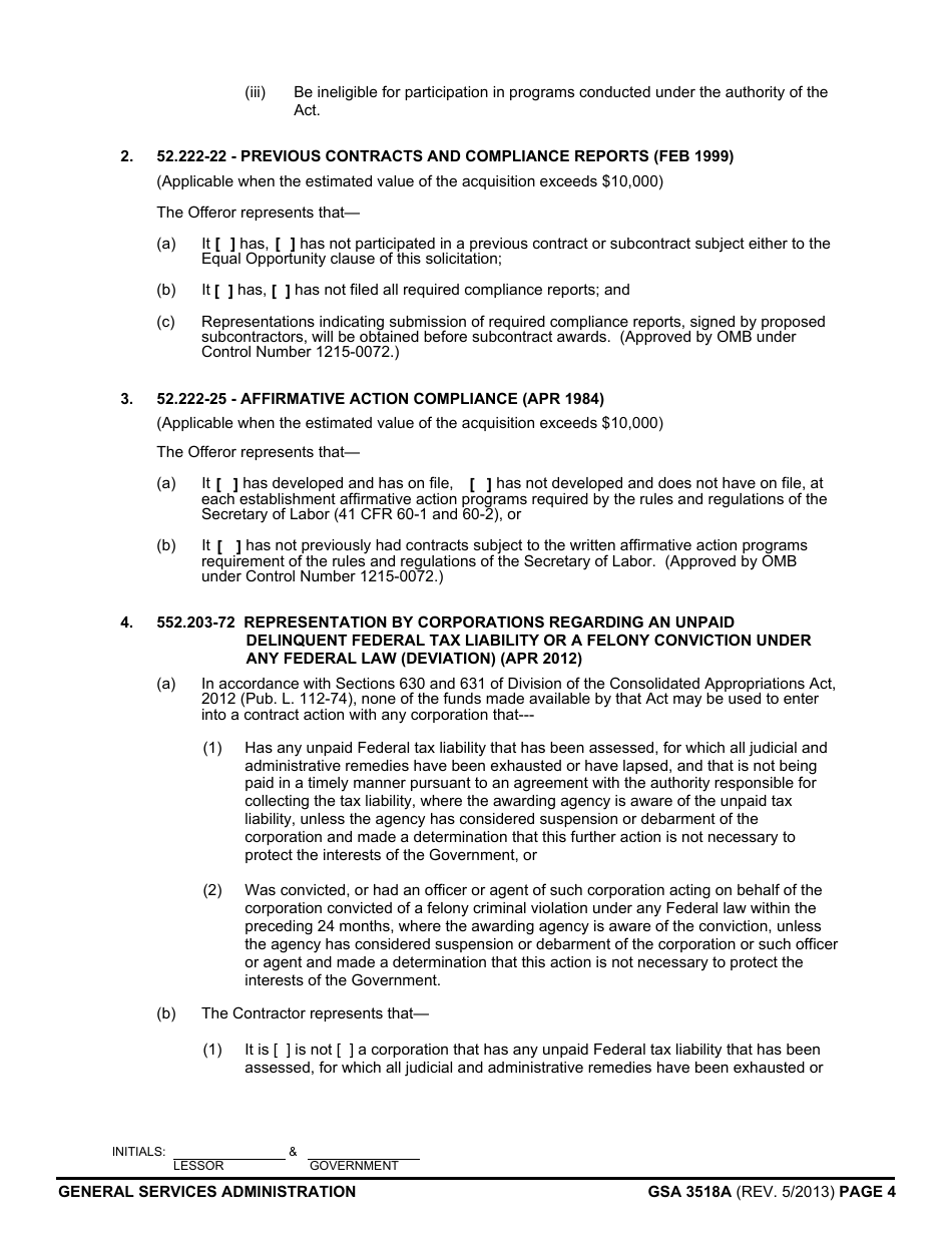 GSA Form 3581A Representations and Certifications (Short Form) (For Leases at or Below the Simplified Lease Acquisition Threshold), Page 4