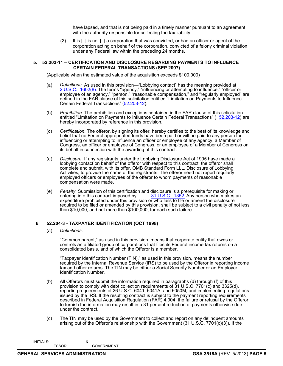 GSA Form 3581A Representations and Certifications (Short Form) (For Leases at or Below the Simplified Lease Acquisition Threshold), Page 5