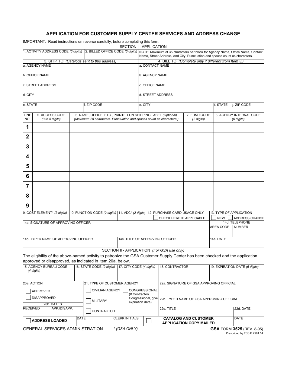 GSA Form 3525 Application for Customer Supply Center Services and Address Change, Page 1