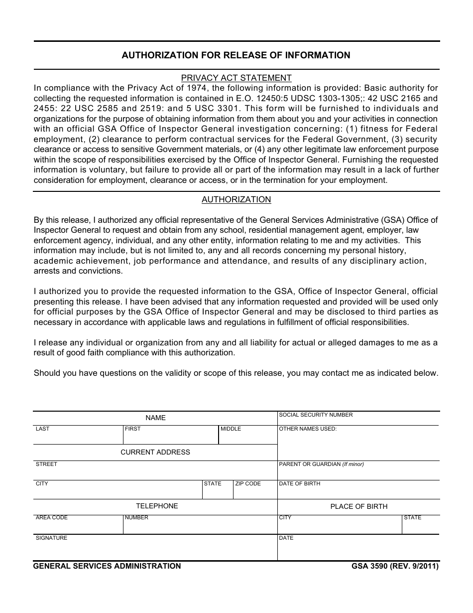 GSA Form 3590 Authorization for Release of Information, Page 1