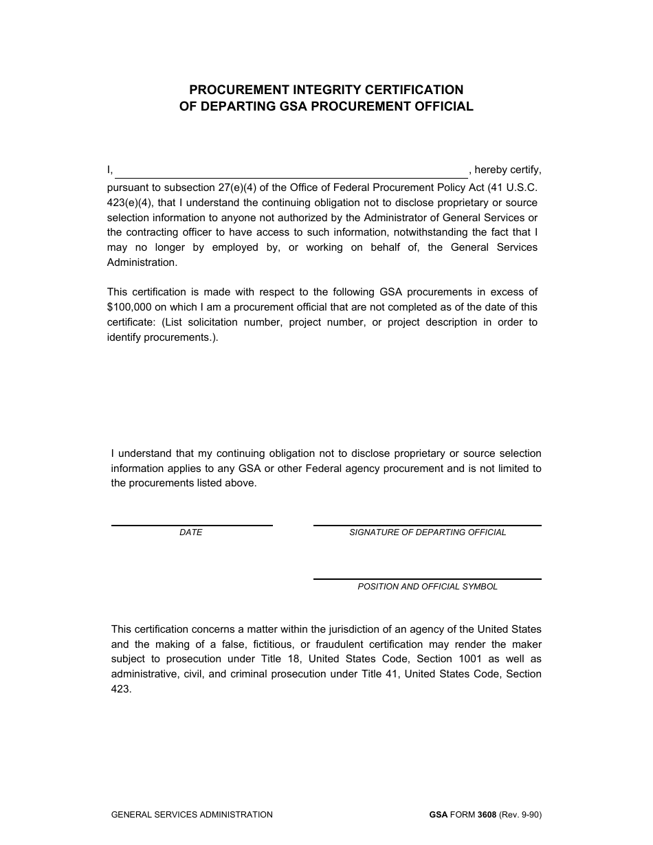 GSA Form 3608 Procurement Integrity Certification of Departing GSA Procurement Official, Page 1
