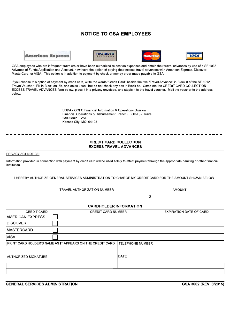GSA Form 3602 Credit Card Collection - Excess Travel Advances, Page 1
