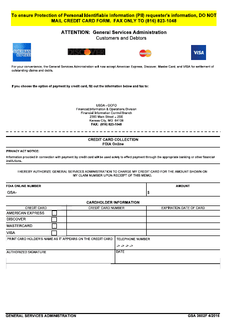GSA Form 3602F Credit Card Collection - Foia Online