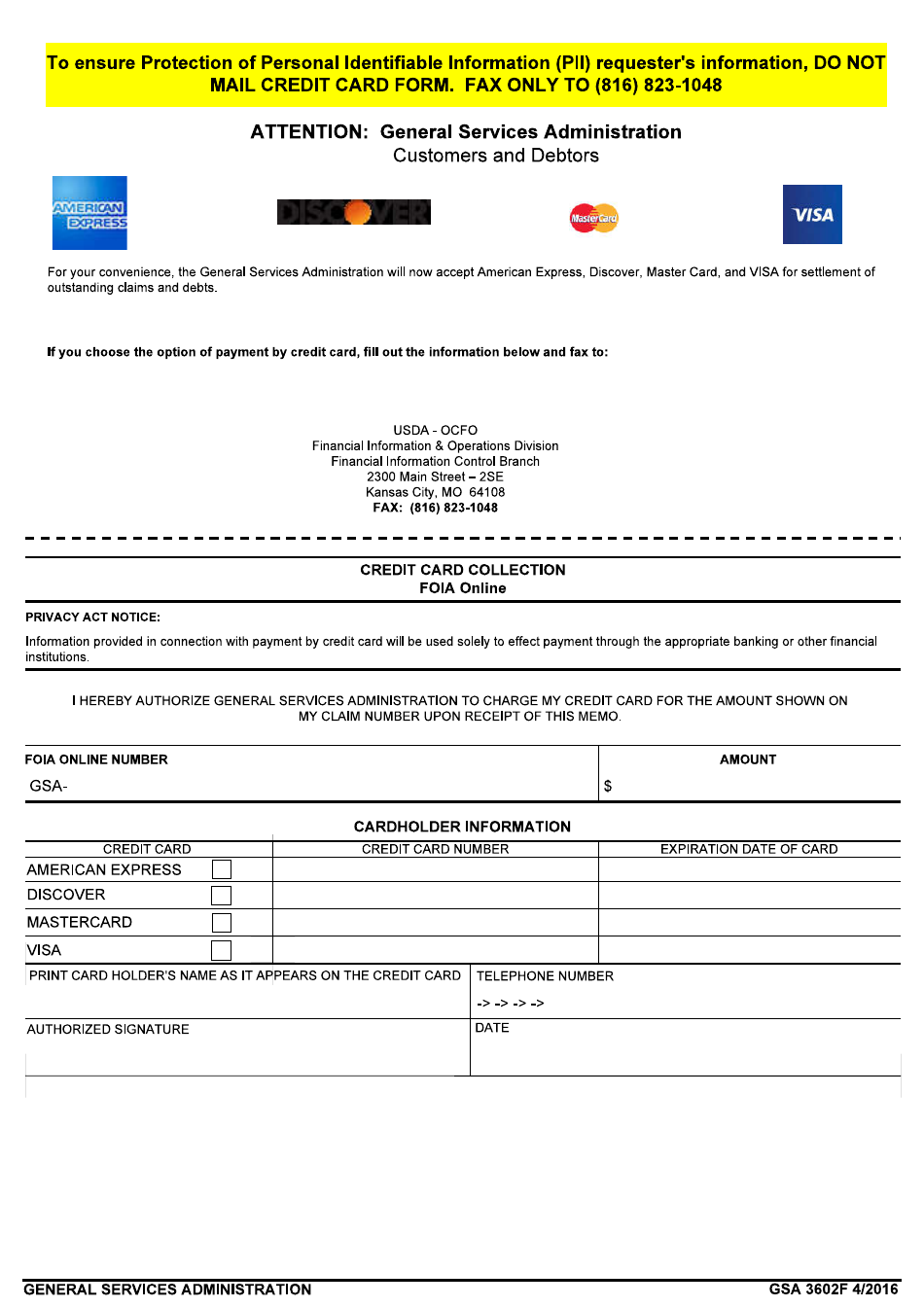 GSA Form 3602F Credit Card Collection - Foia Online, Page 1