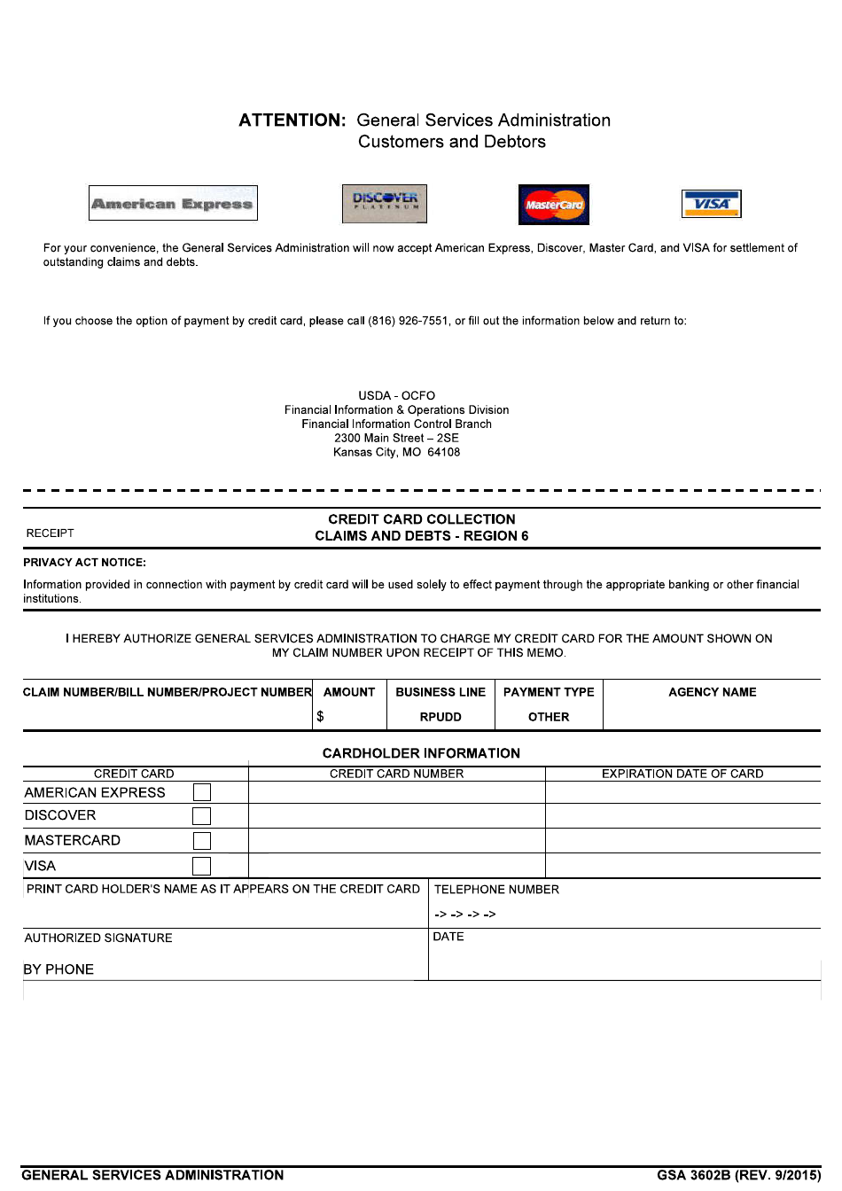 GSA Form 3602B Credit Card Collection - Claims and Debts - Region 6, Page 1