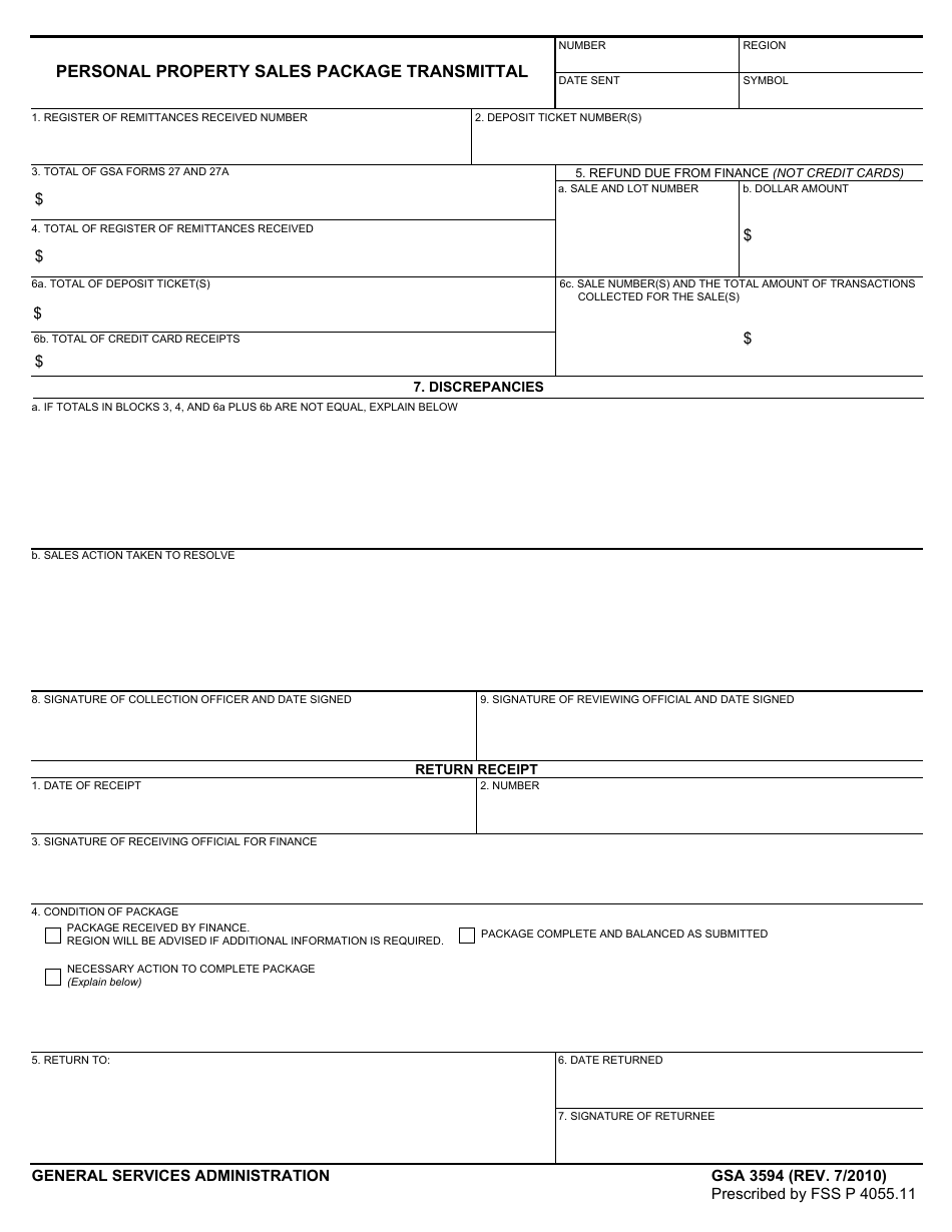 GSA Form 3594 Personal Property Sales Package Transmittal, Page 1