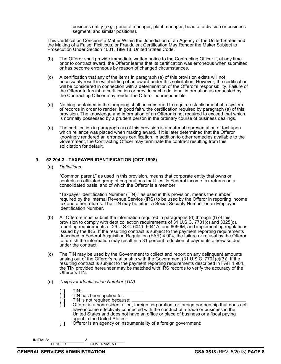 GSA Form 3518 Representations and Certifications (Acquisition of Leasehold Interests in Real Property), Page 8