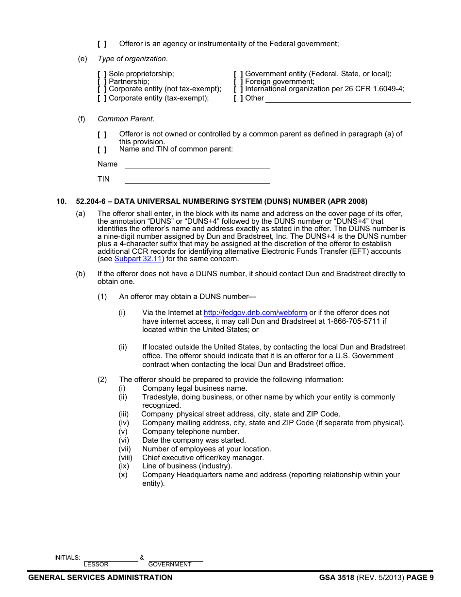 GSA Form 3518 Representations and Certifications (Acquisition of Leasehold Interests in Real Property), Page 9