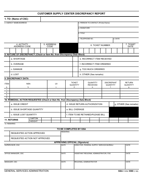GSA Form 3580 Customer Supply Center Discrepancy Report