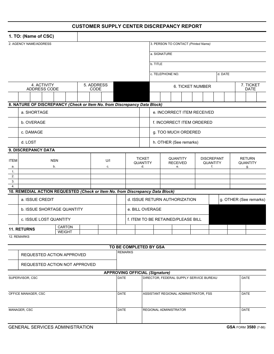 GSA Form 3580 Customer Supply Center Discrepancy Report, Page 1